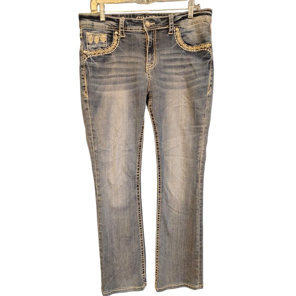 Grace In La Women's Mid Rise Embroidered Easy Fit Medium Wash Jeans Size 30